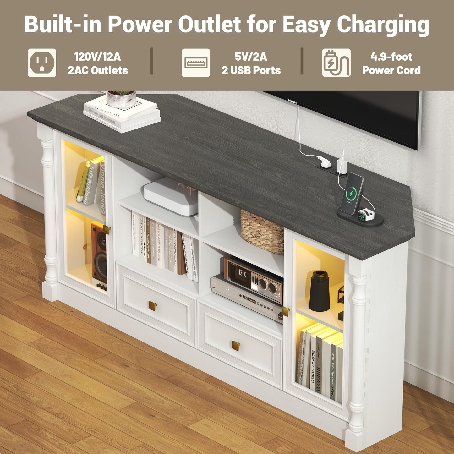 Corner TV Stand for 55 60 65 Inch TVs, Farmhouse Entertainment Center with 2 Storage Drawers and 2 Display Cabinet & Power Outlet and LED Lights, Wood TV Console Table for Living Room, Bedroom, White