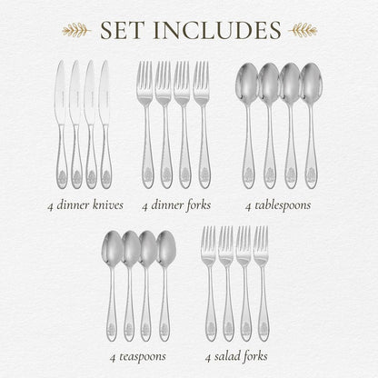 Spode Christmas Tree Collection 20-Piece Stainless Steel Flatware Set - Holiday Cutlery Set - Dishwasher Safe Silverware - 4 Dinner Forks, Salad Forks, Dinner Knives, Tablespoons, Teaspoons