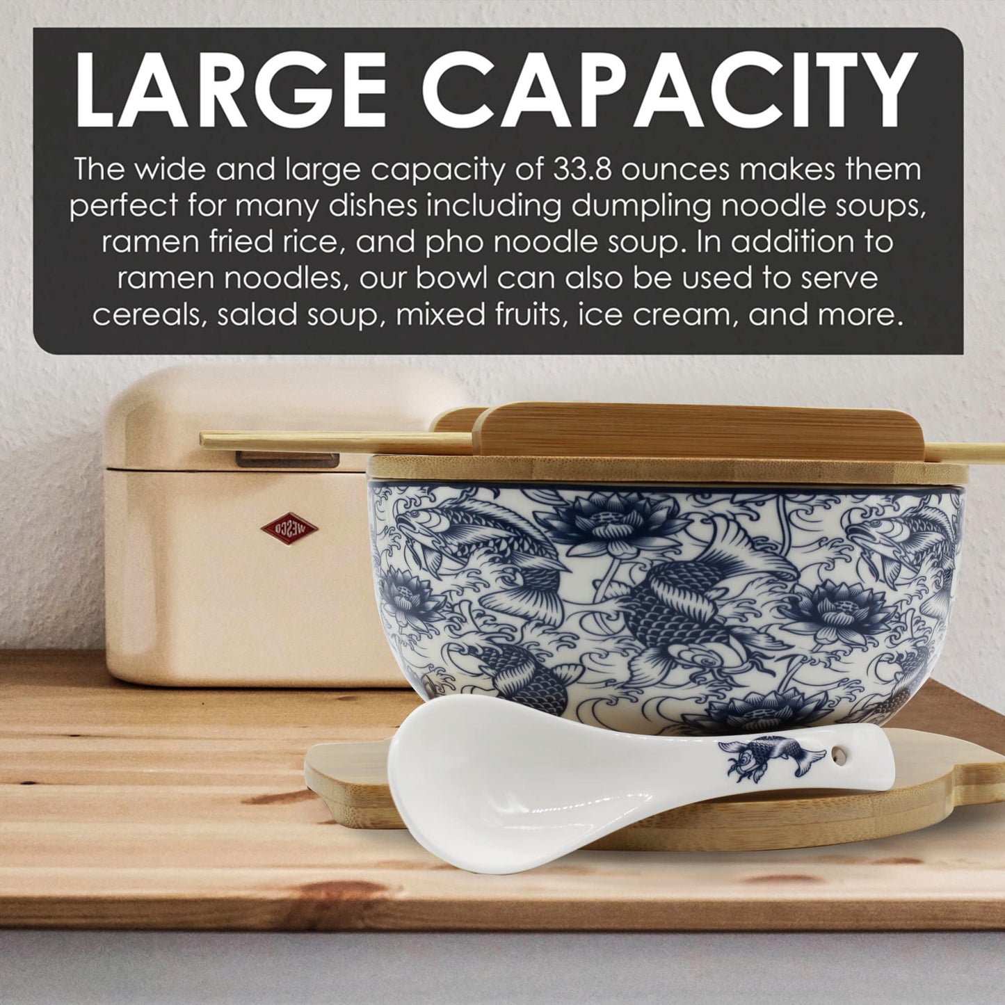XWORLD Japanese Ceramic Ramen Noodle Bowls Set with Ceramic Spoon, Bamboo Chopsticks, Lid & Trivet, Serving Capacity of 33.8 OZ, Microwavable Oven Safety (3.3” x 6.6” D) (Blue Fish)