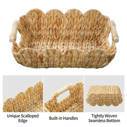 Coeusy Small Wicker Basket 2 Pack,Scalloped Basket for Organizing and Decor,Natural Water Hyacinth Storage Baskets with Wooden Handles for Gifts,Snack,Shelves