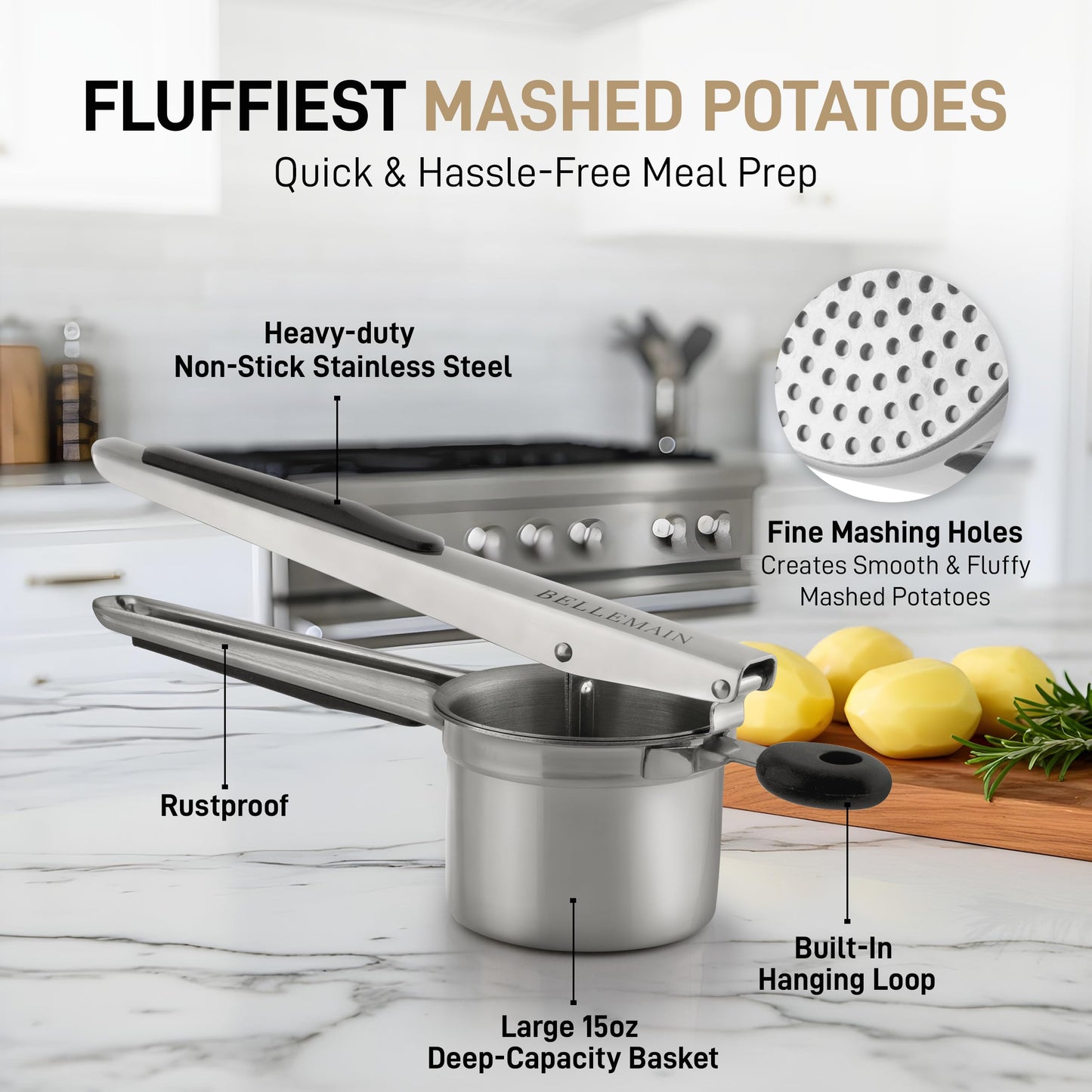 Bellemain Large Potato Ricer 15oz – Heavy Duty Stainless Steel Potato Masher for Smooth Mashed Potatoes, Baby Food & Gnocchi Maker