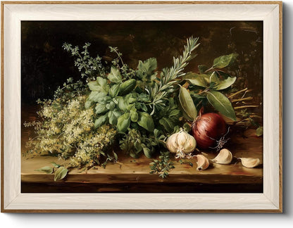 12x16 inch, HUARCEY Vintage Herb Kitchen Wall Art Framed Canvas Print Fresh Basil Rosemary Bay Leaves Garlic Onion