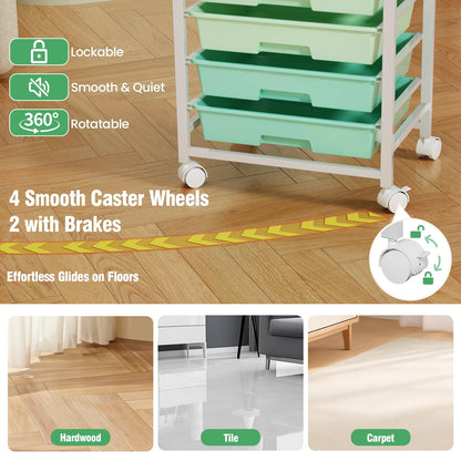 Rolling Storage Cart with 8 Drawers & Wooden Tabletop, Utility Cart On Wheels for Craft Storage, Home, School, Bedroom, Living Room, Dorm, Office, Classroom Storage Organizer Cart, Green, White