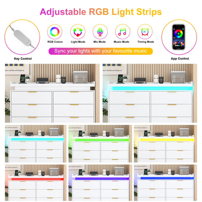 knoworld 8 Drawer Dressers for Bedroom, White Dresser with LED Lights and Power Outlet, Wood LED Dresser, Double Wide Modern Chest of Drawers for Bedroom, Entryway, Hallway