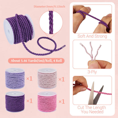 Pandahall 4 Rolls 3mm Polyester Twine Cords Purple Braided Twisted Ropes Decorative Braided Cording Thread String Pink Twisted Silk Rope Cords for Home Decor Curtain Sewing Gift Wrapping