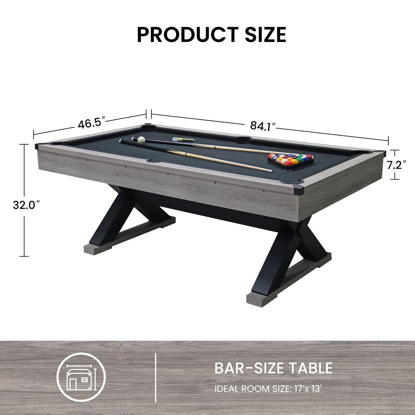 KEIKI 7FT Pool Table with Billiard Balls, Cues, Pool Cue Chalk, Cleaning Brush, X-Legs, Black Cloth, Rustic Grey