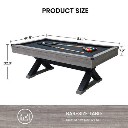 KEIKI 7FT Pool Table with Billiard Balls, Cues, Pool Cue Chalk, Cleaning Brush, X-Legs, Black Cloth, Rustic Grey