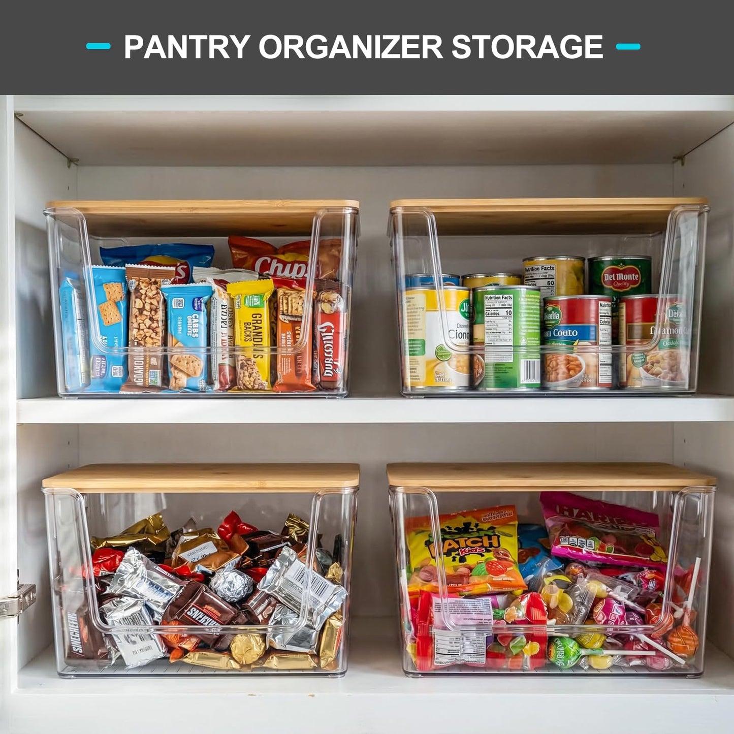 Pantry Organizers Storage, 2 Pack Large Capacity Clear Storage Bins with Bamboo Lids for Onion, Potato, Garlic, Canned Food, Under Sink Organizer Kitchen Countertop Organizer