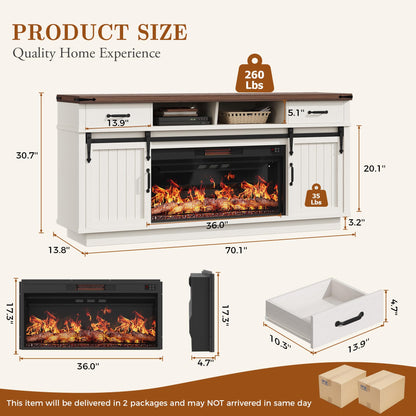Jocoevol 70'' Fireplace TV Stand with 36‘’ Electric Fireplace, Tall Farmhouse TV Stand for 65/75 Inch TV, Entertainment Center TV Console with 2 Drawers, Sliding Barn Door for Living Room - White