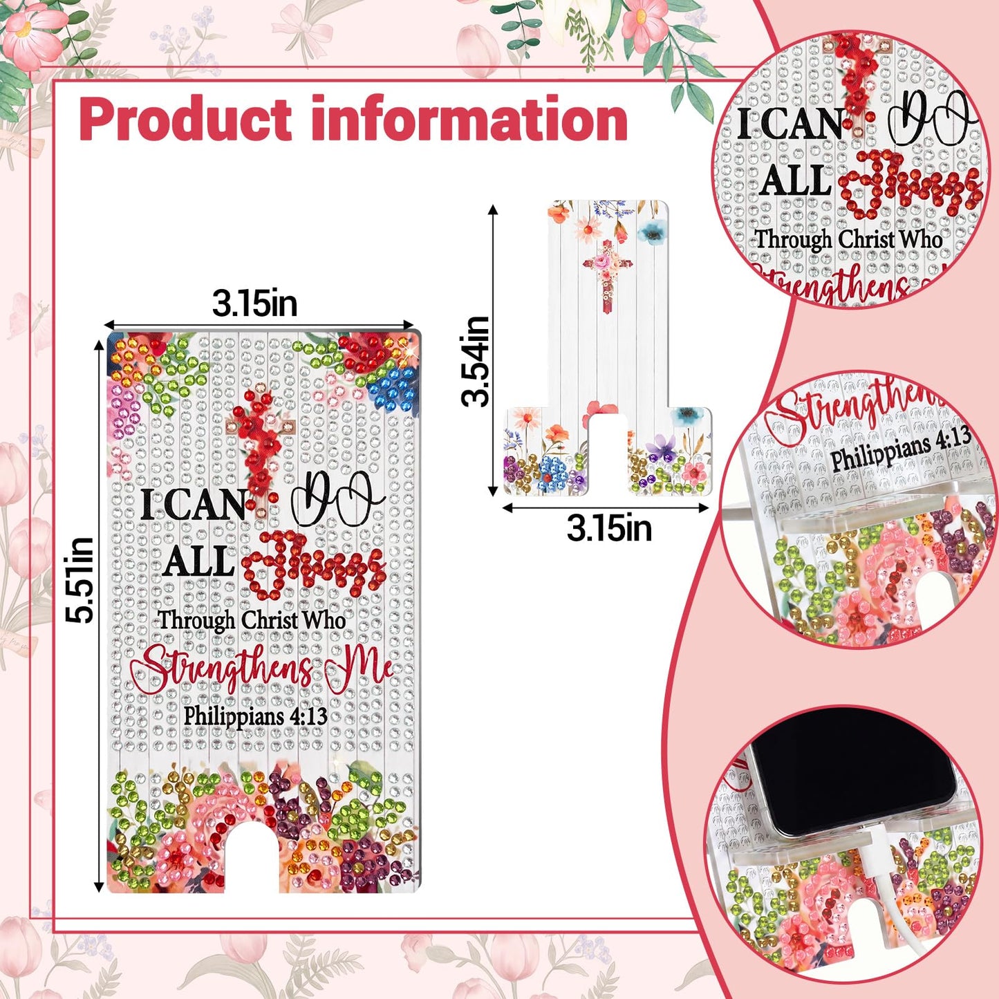 Kenning 8 Pcs Inspirational Bible Diamond Painting Cell Phone Stand DIY 5D Full Crystal Acrylic Christian Cross Diamond Art Phone Holders Kits for Beginner Adults DIY Crafts Religious Gifts