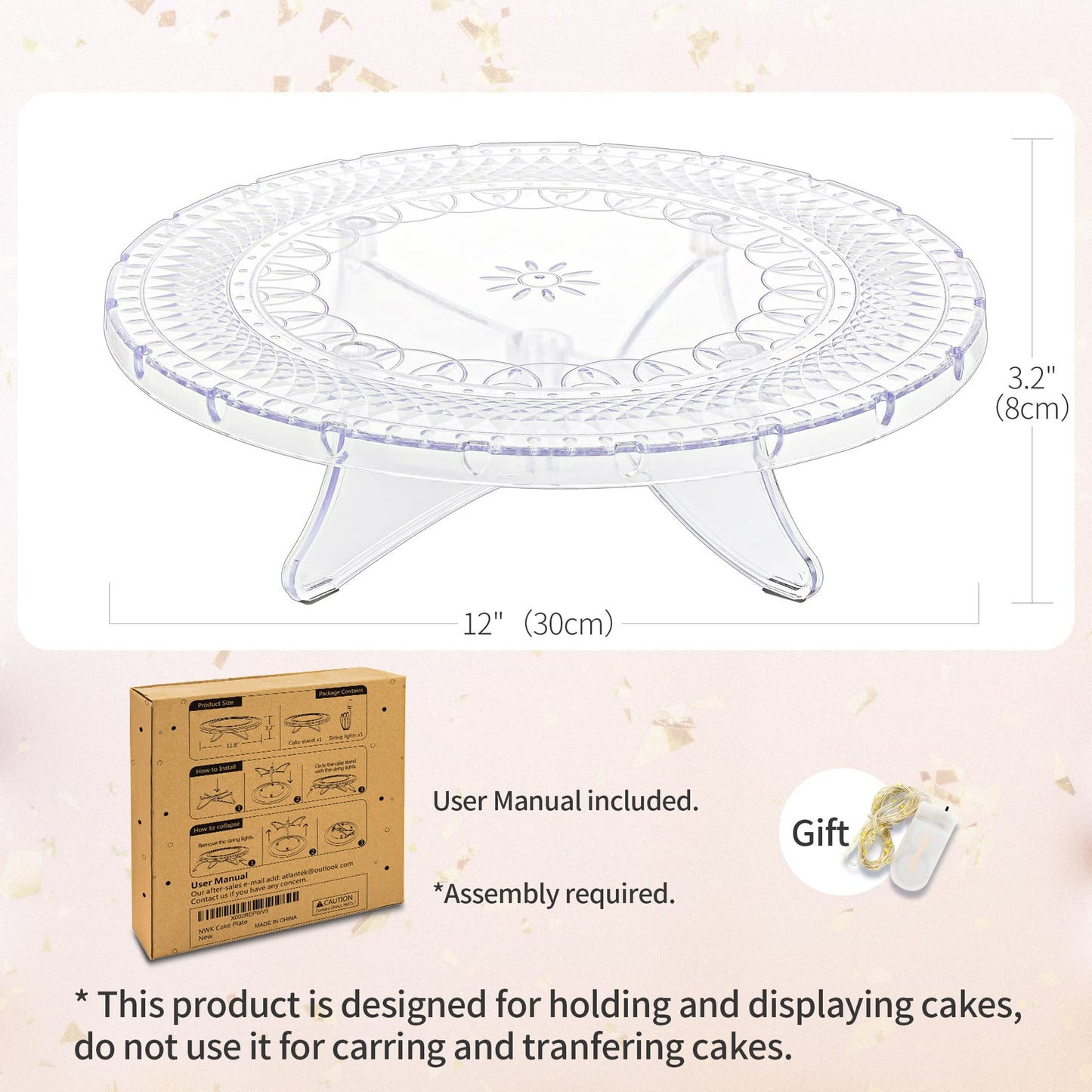 NWK 12inch Lighted Clear Cake Stand Plate Holder with String Lights Fit for 6inch, 8 inch, 10 inch, 12 inch Cakes for Wedding Birthday Cake Decorations