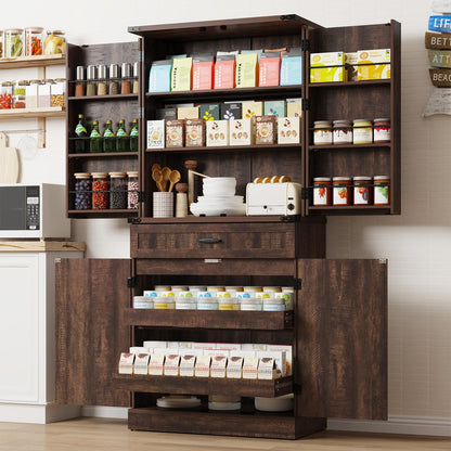 71" Tall Kitchen Pantry Cabinet with 3 Drawers,Farmhouse Storage Cabinet with 6 Barn Door Shelves,with Load-Bearing Steel Pipe and Adjustable Shelves,Pantry Organizer for Kitchen,Living Room(Brown)