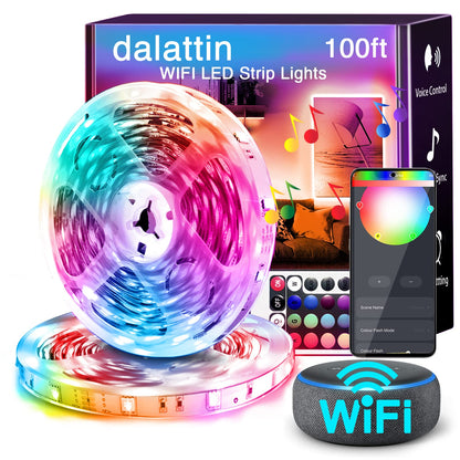 dalattin Smart WiFi Led Lights 130ft, Work with Alexa Google Assistant, APP Voice Remote Control Led Strip Lights RGB Color Changing Music Sync Led Lights for Bedroom Valentine (2 Rolls of 65.6ft)