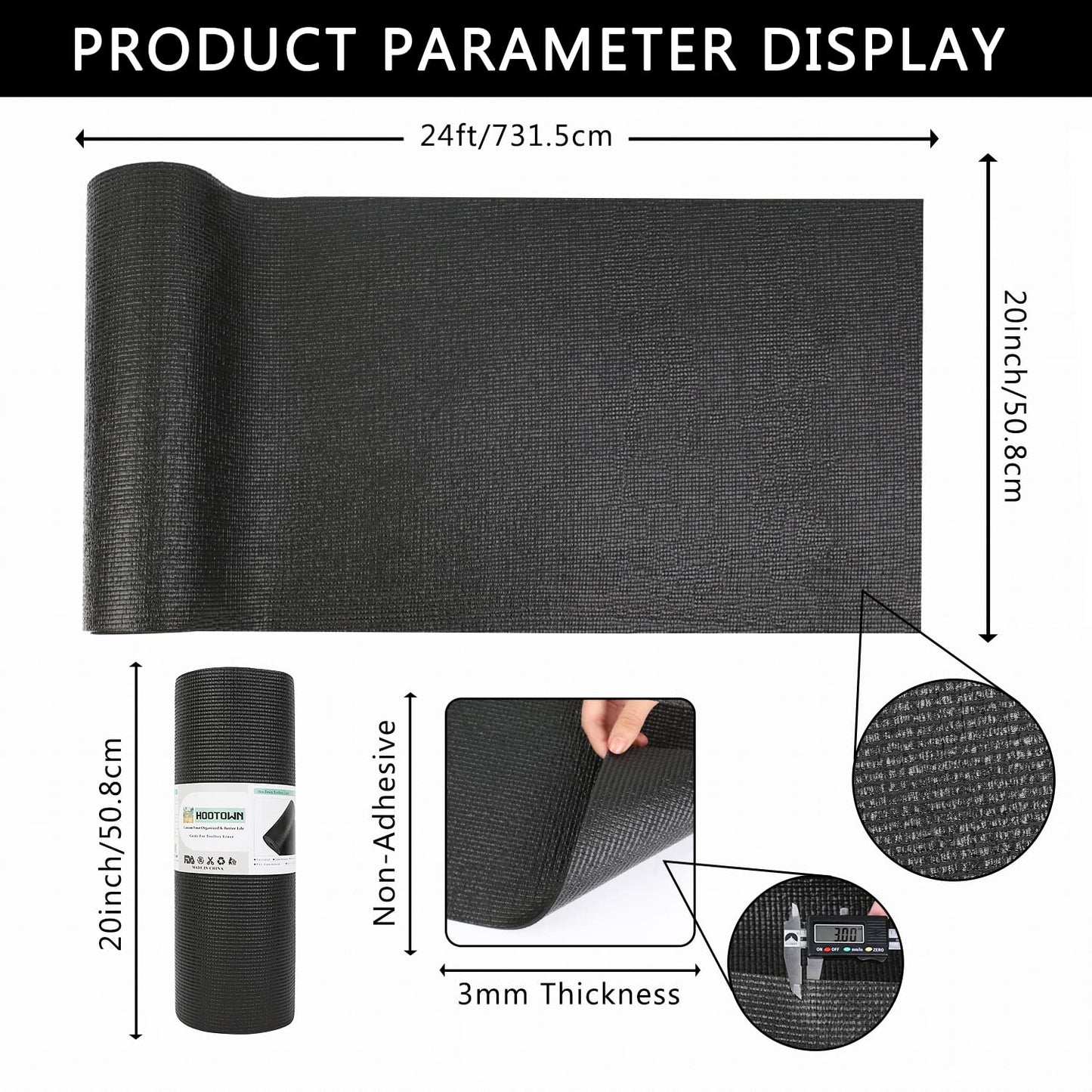 Foam Toolbox Liner Drawer Mat 1/8 Inch Thick X 20 Inch Wide X 24 Ft Long Black, No Slip for Protecting Cabinet, Garage, Cart, Tool Box