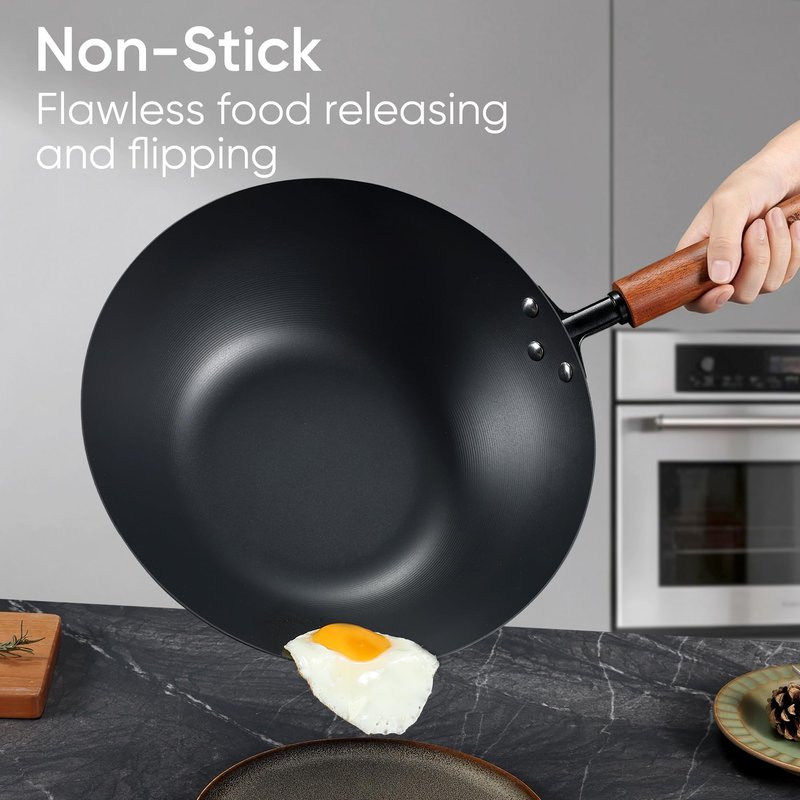 CAROTE 12.5" Carbon Steel Wok Pan, 6.5QT Woks & Stir-fry Pans Nonstick, No Chemical Coated Pre-Seasoned Flat Bottom Wok with Lid for Stir Fry, Chinese Cast Iron Wok Cooking Pan All Stovetop Compatible