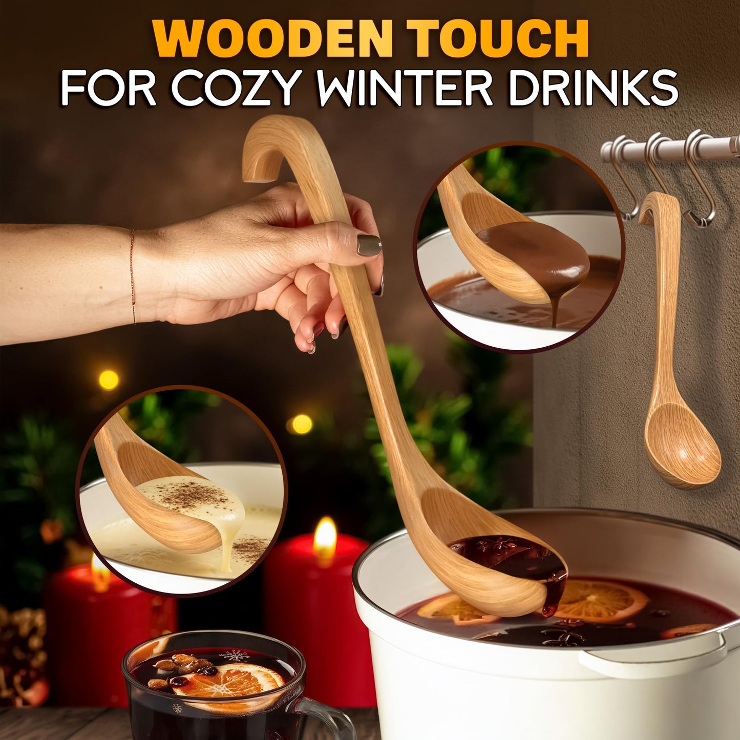 2 Pcs Wooden Ladle for Soup – 10.8×2.8" Bamboo Soup Ladle for Stews and Sauces with Deep 2.7 fl oz Capacity & Lacquer-Coated Finish – Wooden Cooking Spoons with Hook Handles for Kitchen & Catering