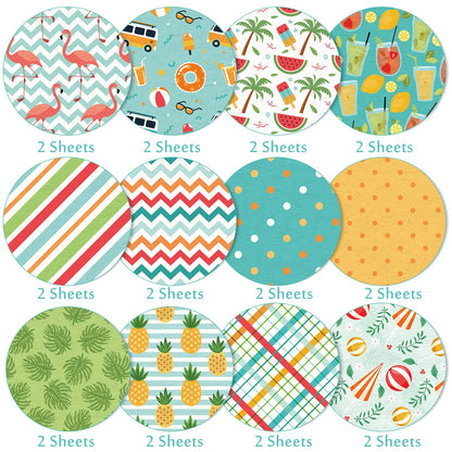 Whaline 24 Sheet Summer Pattern Paper Pack 12 Designs Holiday Scrapbook Specialty Paper Double-Sided Collection Decorative Craft Papers for Summer DIY Card Making Scrapbook Photo Album Decor