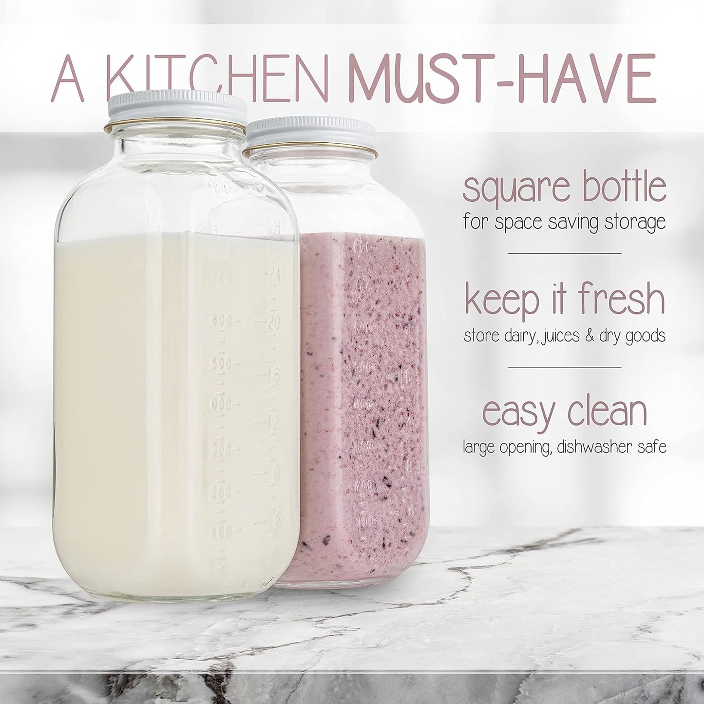 32oz kitchentoolz Square Glass Milk Bottle with White Metal Airtight Lids - Vintage Reusable Milk Jugs - Dairy Drinking