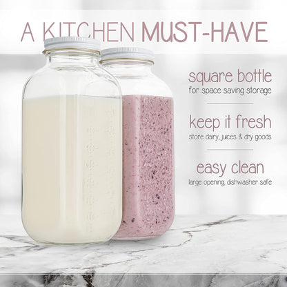 32oz kitchentoolz Square Glass Milk Bottle with White Metal Airtight Lids - Vintage Reusable Milk Jugs - Dairy Drinking