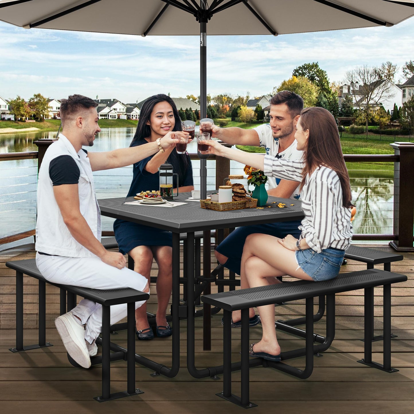 YITAHOME Coated Steel Picnic Table, 46" Heavy Duty Outdoor Picnic Table w/Sturdy Steel Frame & Umbrella Hole for Yard Patio Lawn Party, Square, Black
