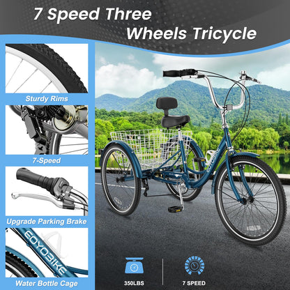 Slsy Adult Tricycle 7 Speed, 20/24/26 Inch Step-Through 3 Wheel Bike for Adults with Large Shopping Basket, 350 lb Capacity Adult Trike for Seniors, Women and Men