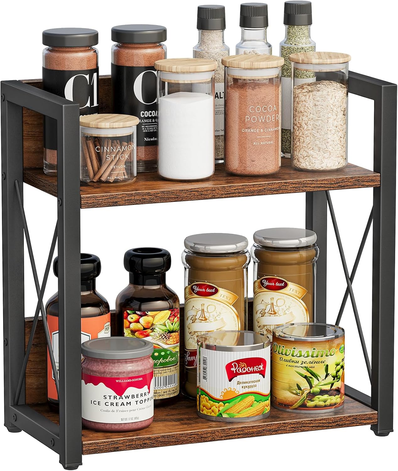 Giikin Counter Shelf Organizer, 2 Tier Kitchen Spice Rack for Countertop, Rustic Brown Wood Coffee Counter Organizer
