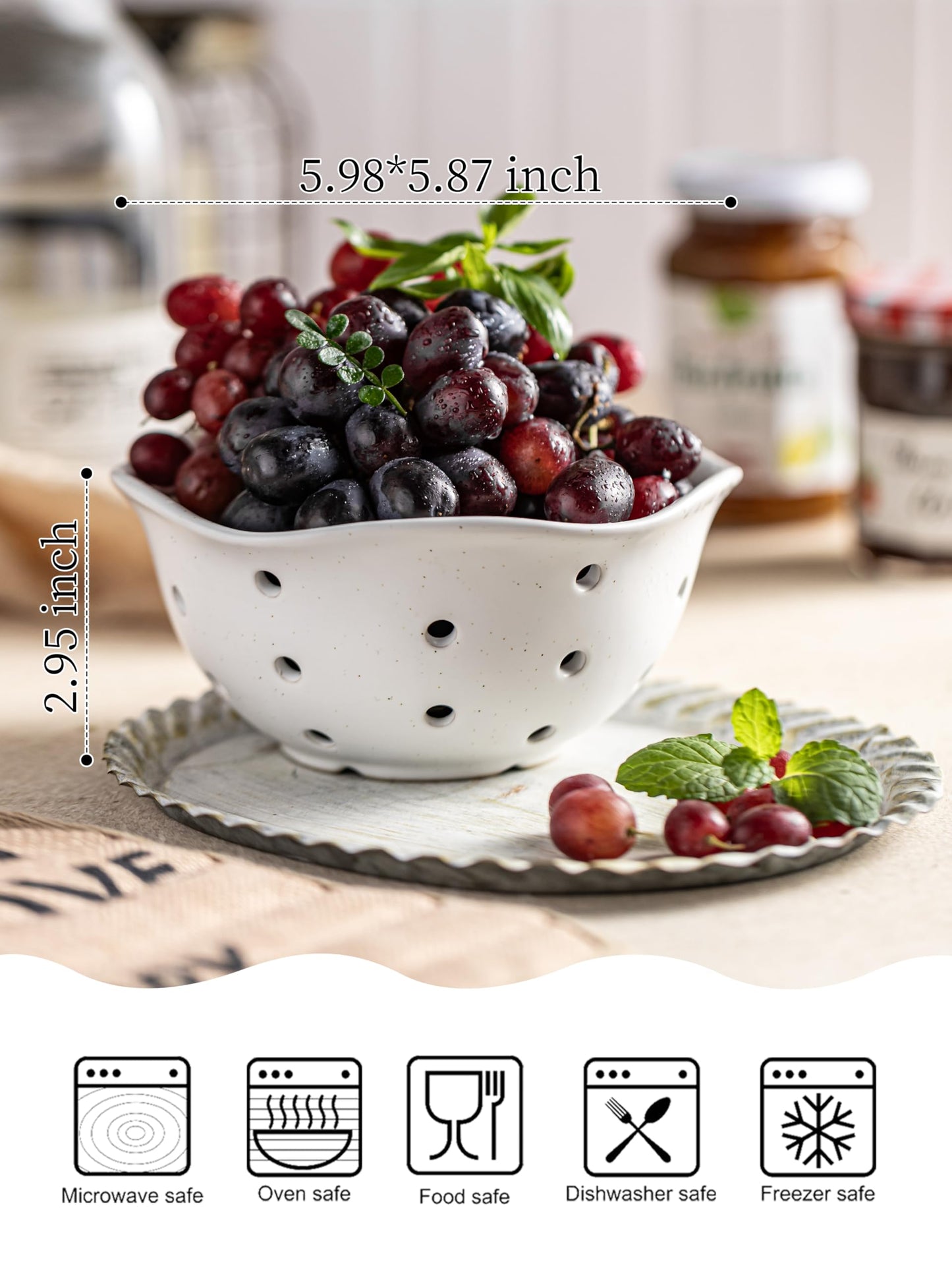 Gomakren Ceramic Berry Basket Set of 2, Rustic Fruit Basket Container 6 Inch, Fruit Bowl with Holes for Kitchen, Berries, Strawberry, Grape, Cherry, Mothers Day Gifts, Floral Shape - Cream White
