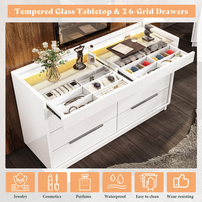 AMERLIFE 47.2" W 8 Drawer Dresser with LED Light & Glass Top, Modern High Gloss Storage Chest with 2 Jewelry Drawers, Storage Organizer for Bedroom, White
