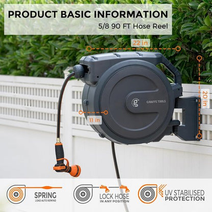 Giraffe Tools Retractable Garden Hose Reel - 5/8 Inch x 90 Ft | Wall Mounted with 180° Swivel Bracket & 9 Pattern Nozzle