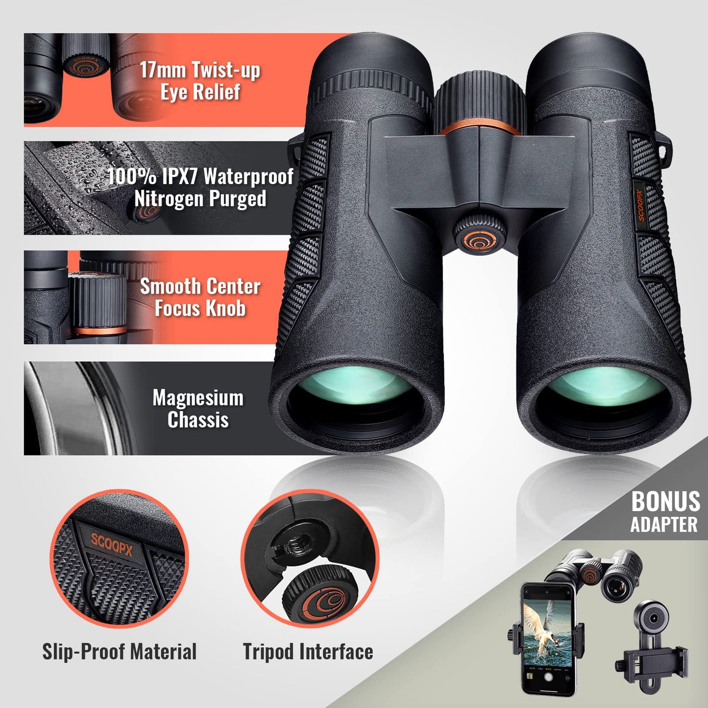 10x42 Ultra HD Binoculars with Phone Adapter and Harness - 24mm Large View Eyepiece, Edge-to-Edge Sharpness, 6.5° Wide Angle Field of View - Lightweight Waterproof Binoculars for Bird Watching Huntin1