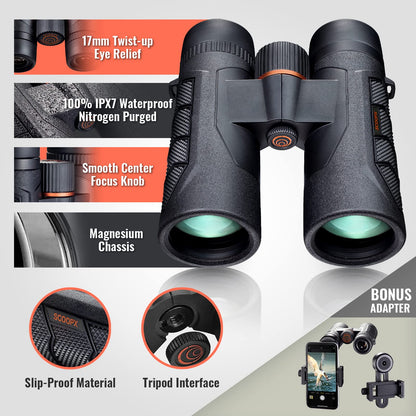 10x42 Ultra HD Binoculars with Phone Adapter and Harness - 24mm Large View Eyepiece, Edge-to-Edge Sharpness, 6.5° Wide Angle Field of View - Lightweight Waterproof Binoculars for Bird Watching Huntin1