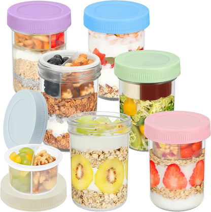 16 oz 6-Pack Xyptorix Overnight Oats Containers with Airtight Lids - Leak-Proof Wide Mouth Mason Jars & Divided Cups