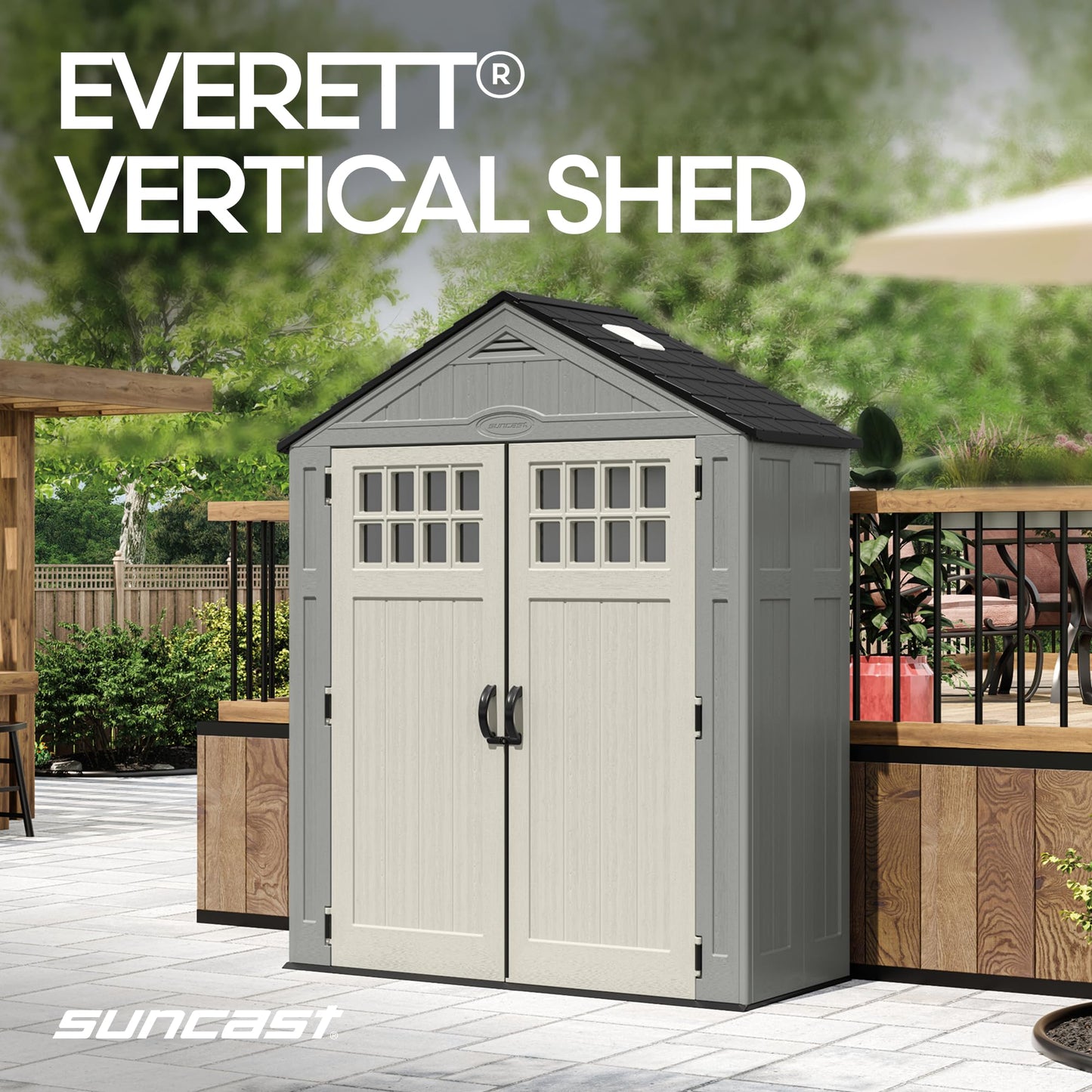 Suncast Everett 6x3 ft Vertical Storage Shed - Resin Outdoor Garden Shed with Floor, Windows, Skylight & Lockable Double Doors. Slim Yard Storage for Utility Tools & Backyard Equipment