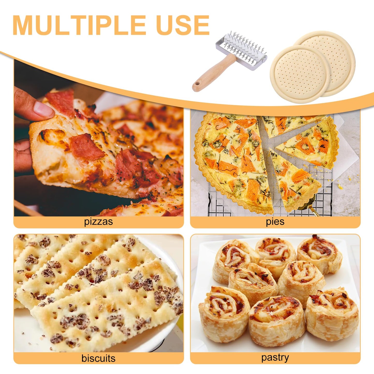 JuyVerq Pizza Dough Docker, Professional Dough Roller with Stainless Steel Spikes Wood Handle, Sturdy Pizza Docking Tool for Home & Commercial Kitchen, Time-Saver for Making Pizza Pie Pastry Bread