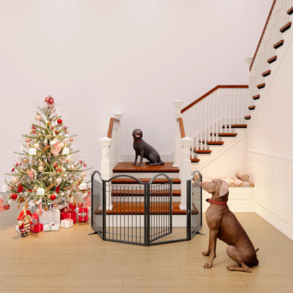 BHG Metal No-Assembly Freestanding Dog Gate with Door Walk Through, Extra Wide 96", Extra Tall 32" Pet Gate, Accordion Puppy Folding Playpen Dog Fence, with 2PCS Support (Black, 4 Panels)
