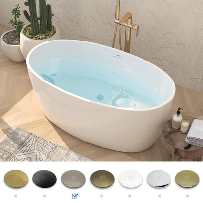 FerdY Tahiti 55" Acrylic Freestanding Bathtub, Elegant Oval Shape Soaking Bathtub, Glossy White, Brushed Nickel Drain & Integrated Slotted Overflow Assembly Included cUPC Certified