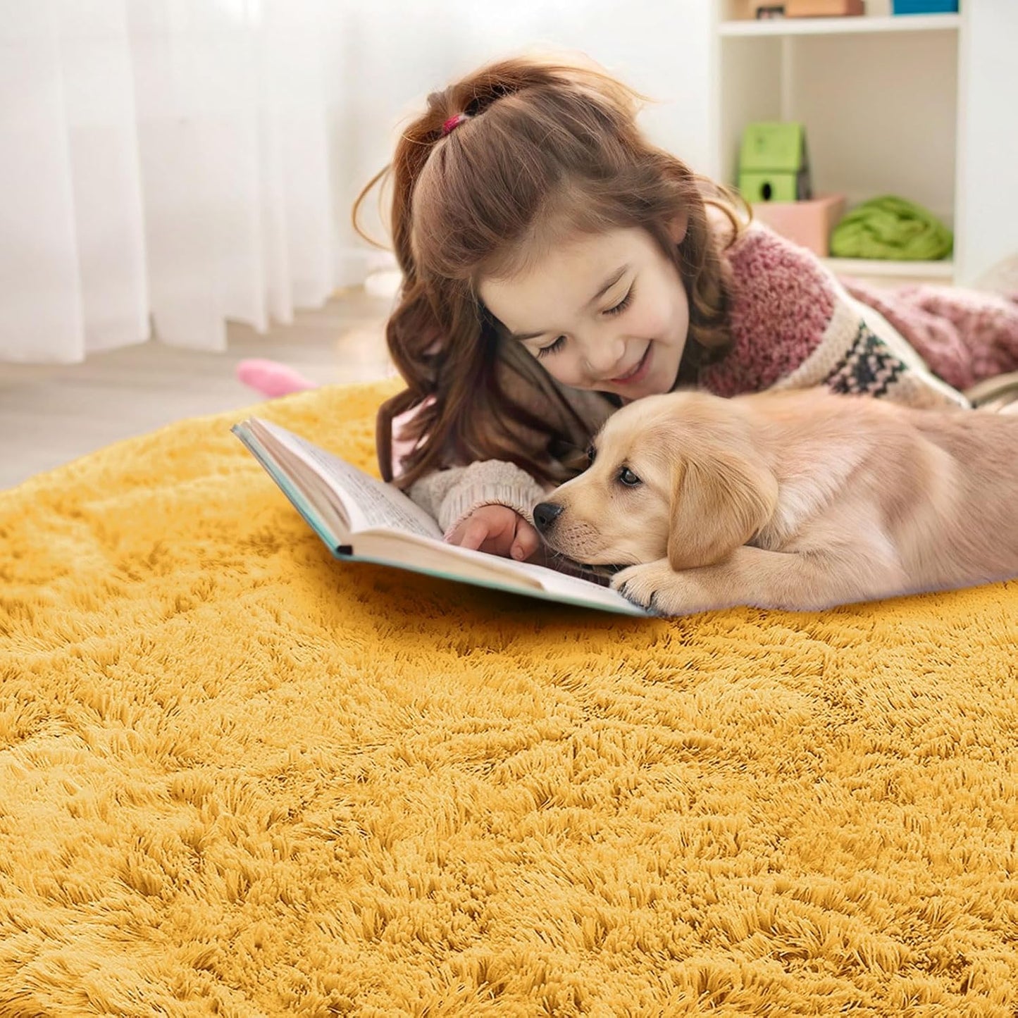 OLANLY Mustard Yellow Round Area Rug - Soft, Fluffy, Machine Washable 2 ft Circle Carpet for Bedroom & Living Room Decor