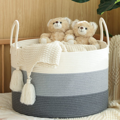 KAKAMAY Large Blanket Basket (20"x13"),Woven Baskets for storage Baby Laundry Hamper,Cotton Rope Blanket Basket for Living Room, Laundry, Nursery, Pillows, Baby Toy chest with Handles (White/Grey)
