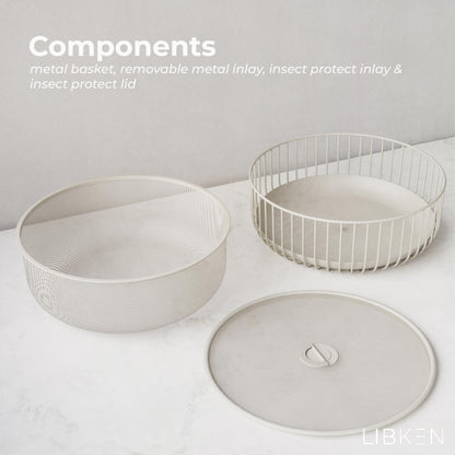 LIBKEN Metal Fruit Bowl with Mesh Lid and Basket - Fruit and Vegetable Holder for Kitchen Counter - Versatile and Durable Storage Basket Organizer for Fruit, Veggie, Snacks - 11x11x4-Inch (Warm Gray)