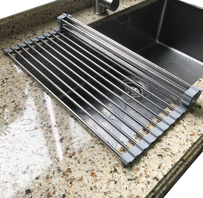 Tomorotec Roll Up Dish Drying Rack, Over The Sink Dish Drying Rack, Portable Stainless Steel Rolling Rack Multipurpose Kitchen Drainer Caddy Organizer Storage Shelf Holder, Gray