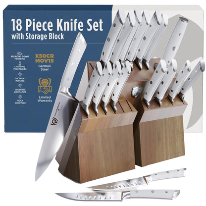 Dalstrong 18-Piece Gladiator Colossal Knife Block Set (White Handles) — German High-Carbon Steel, Full-Tang, Hand-Sharpened — For Home Chefs, Wedding Registries & Serious Kitchens — Acacia Block, NSF