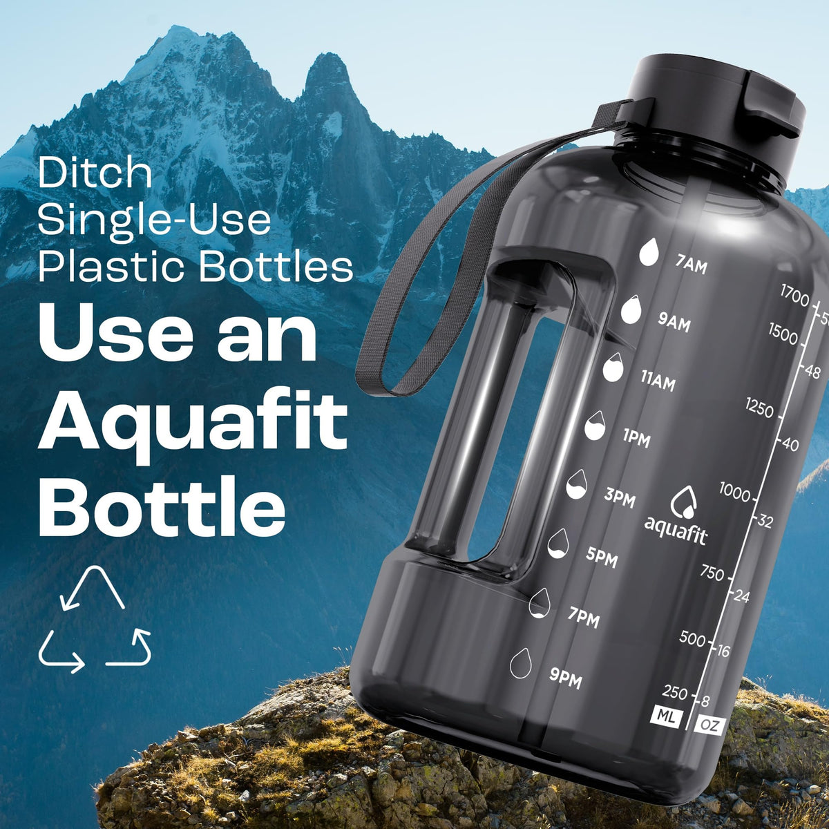 AQUAFIT 64 oz Water Bottle with Time Marker - Straw & Chug Lid - BPA Free Half Gallon Gym Water Bottle with Handle - Big Gallon Jug (Gray, 64 Ounces)