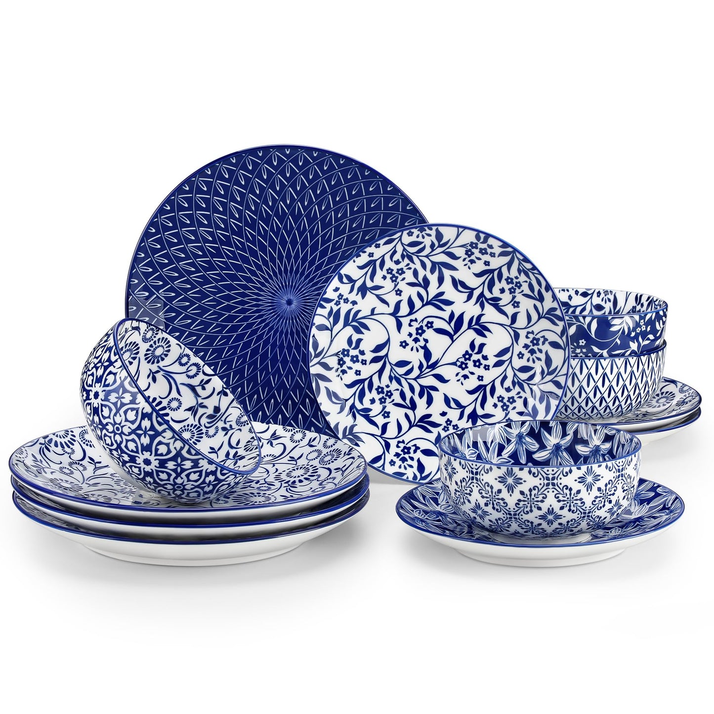 vancasso SELENE Plates and Bowls Set for 4, 12 Pieces Dinnerware Sets, Mircowave and Dishwasher Safe Dishes Set, Porcelain Blue Dinnerware