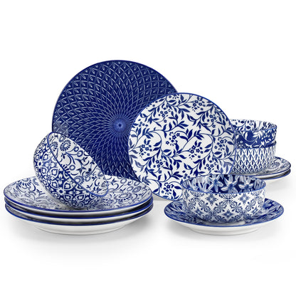 vancasso SELENE Plates and Bowls Set for 4, 12 Pieces Dinnerware Sets, Mircowave and Dishwasher Safe Dishes Set, Porcelain Blue Dinnerware