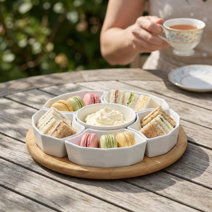 SOUJOY 11'' Lazy Susan Serving Tray, Porcelain 360° Rotatable Serving Tray and Platters, Removable Divided Serving Dishes, Party Relish Bowl for Chip, Dip, Veggies, Candy and Snack, Cheese, 7 Pieces