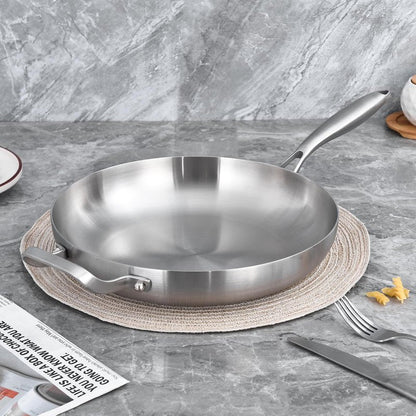 LOLYKITCH 14 Inch Tri-ply Stainless Steel Frying Pan with Lid and Helper Handle,Large Skillet,Induction Chef's Cooking Pan,Oven Safe and Detachable Handle