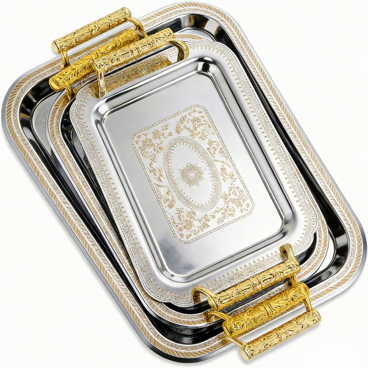 Teecyhooo 3 Pack Stainless Steel Serving Tray with Gold Handle Silver Metal Plate Platter Coffee Tea Serving Tray Floral Table Platter for Buffet Wedding Party Jewelry(Rectangle)