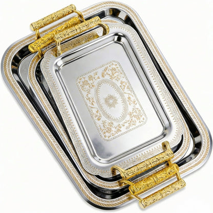 Teecyhooo 3 Pack Stainless Steel Serving Tray with Gold Handle Silver Metal Plate Platter Coffee Tea Serving Tray Floral Table Platter for Buffet Wedding Party Jewelry(Rectangle)