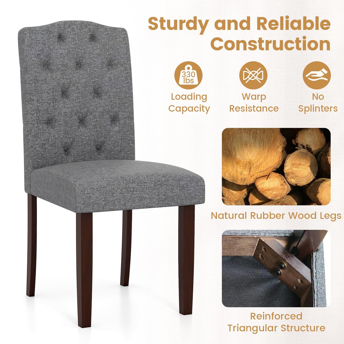 NAFORT Fabric Dining Chairs, Classic High Back Kitchen Living Room Chairs with Solid Rubber Wood Legs, Upholstered Padded Parsons Chair Set of 6, for Dining Room, Kitchen, Living Room, Grey