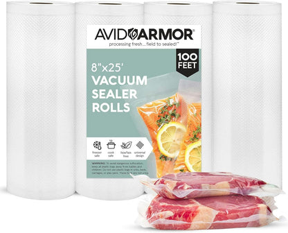 Avid Armor Vacuum Sealer Bags - Heavy Duty 8x25 Rolls | BPA-Free Food Storage & Sous Vide | 4 Pack